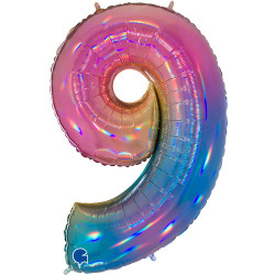 Colourful Rainbow Holographic Number 9 Shape 40" Pkt