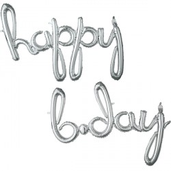 Happy Bday Silver Script Phrase Shape P55 Pkt (35" X 25")