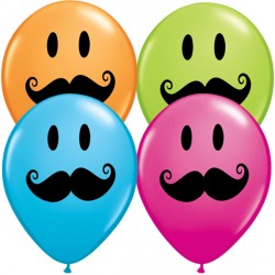 Smile Face Mustache 5" Orange, Robin's Egg Blue, Wild Berry & Lime Green (100ct) Qn